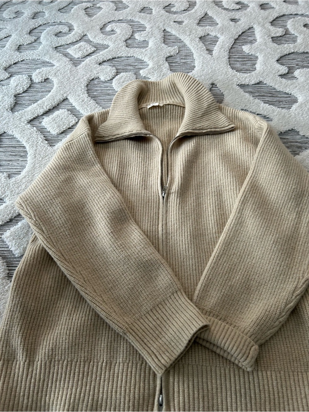 JODIFL Women's Beige Zip-Up Ribbed Sweater